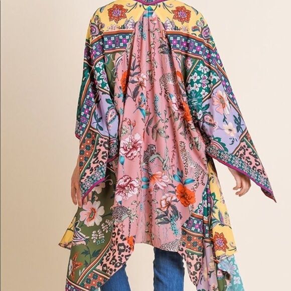 𝅺MIXED Scarf Print Angel Sleeve Open Front Kimono - Picture 8 of 10
